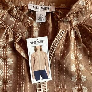 Nine West Tan and Cream Printed Peasant Blouse